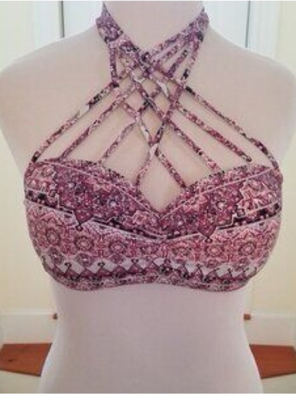 Ambrielle Pink Patterned Strappy Bikini Top